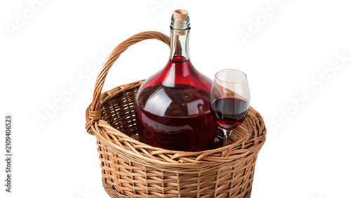 Bild auf Leinwand Large glass carboy wine bottle with glass inside wicker basket isolated on trans
