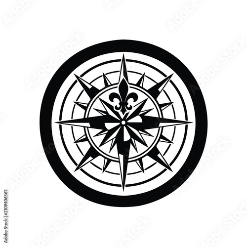 Compass rose symbol, navigation star, vintage direction indicator, travel icon, marine direction, isolated vector.