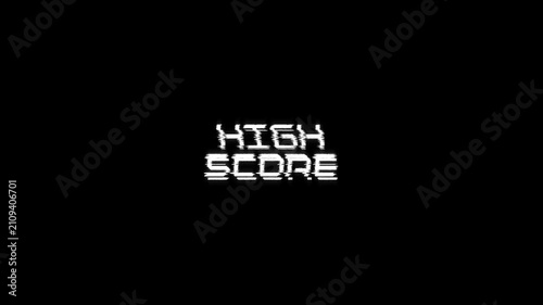high score text with glitch background Concept for animated video game screen. text high score looped glitch animation gaming effects 4k animation