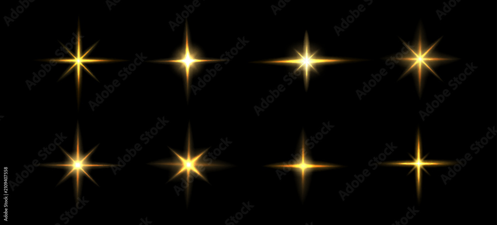 Fototapeta premium Bright star light effect, gold twinkle flare and flashing rays, realistic flash icons isolated on black background.. Glowing starburst elements with halo and glowing beams, sparkling space burst