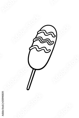 Outline vector illustration of a Korean corn dog with wavy sauce lines, minimal black contour, clean design, isolated on transparent background. Icons, logos, and packaging graphics.