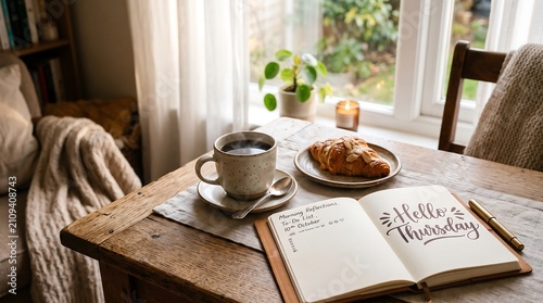 Cozy morning routine with coffee pastry and journal by a window