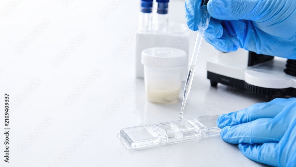 Fototapeta premium Embryologist pipetting semen sample onto counting chamber slide