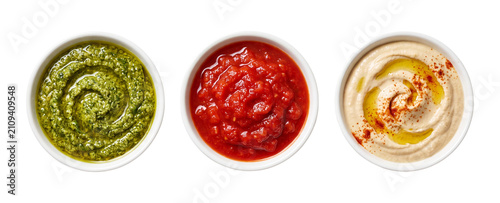 Pesto tomato sauce and hummus isolated on transparent background