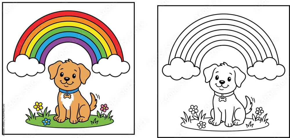 Fototapeta premium Cute Cartoon Puppy under a Rainbow