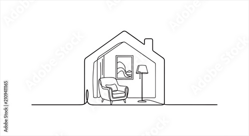 Bild auf Leinwand Cozy Living Room Interior Design Single Line Art.
