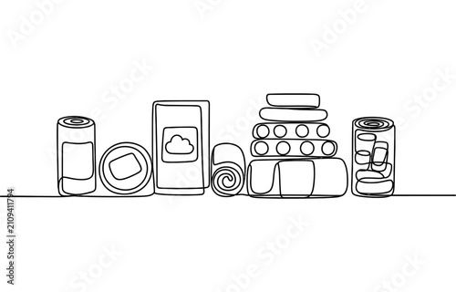 Continuous one line drawing of a set of household items including towels and canned food products
