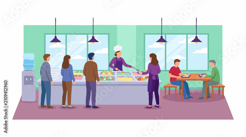 People Getting and Eating Food in a Modern Cafeteria Canteen Illustration