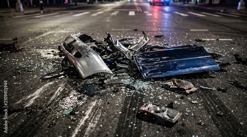 Roadway debris remains after a violent vehicular accident with scattered fragments covering the pavement.