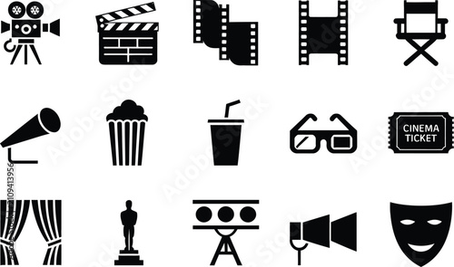 Quadro su tela Classic cinema vector icons featuring silent film camera, vintage projector, film reel, award statue, movie ticket, theater masks and announcement megaphone