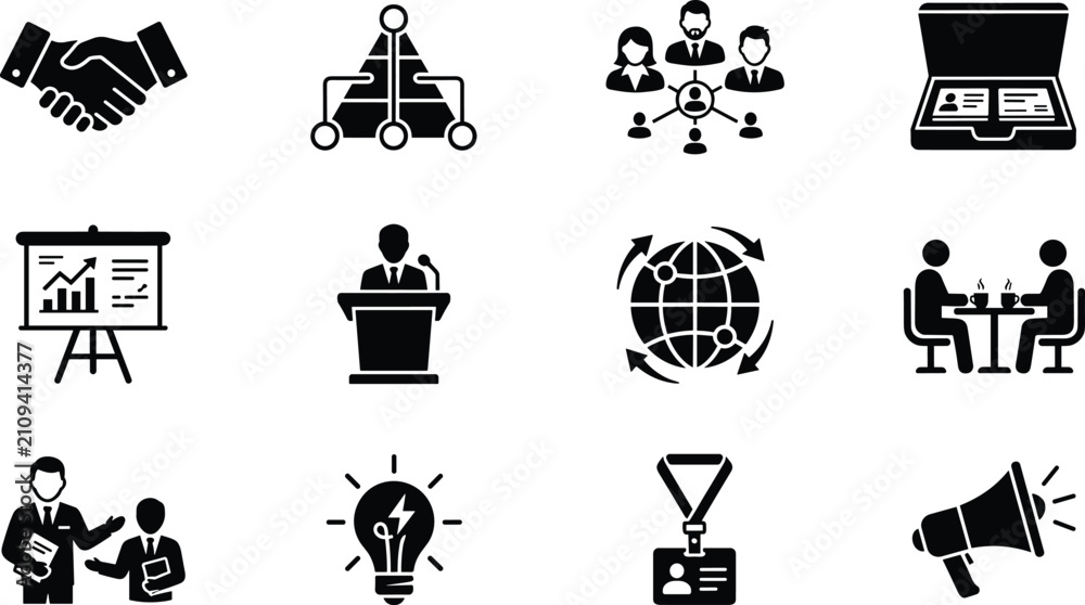 Naklejka premium Business Office Icon Set with Handshake, Hierarchy, Network, Presentation, and Conference Symbols for Corporate Web Development and Vector Design