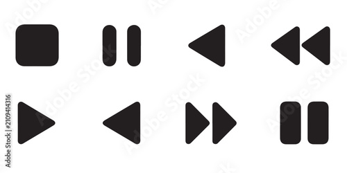 фотографія Basic playback navigation icons for video editing and audio streaming services in black flat design