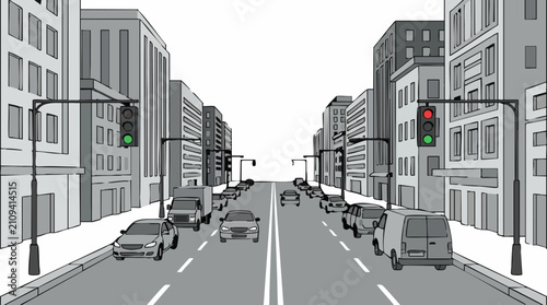 Cartoon illustration of a city street with cars, buildings, and traffic lights
