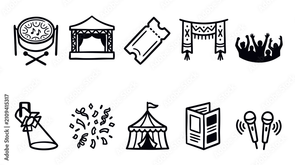 Fototapeta premium Festival Event and ticket Stage Outline Icon Vector Set