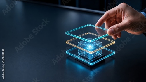 Innovative Concept of Layered Data Visualization with Transparent Panels and Bright Core Representing AI Access Control and Security Functionality