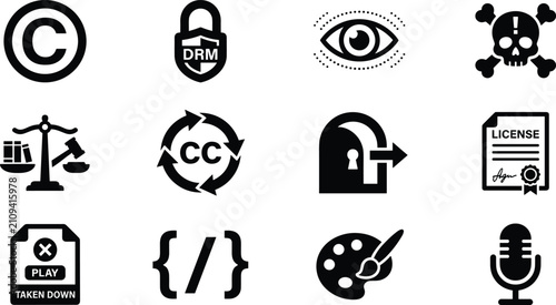 Obraz na płótnie Copyright Intellectual Property Protection Icon Set with Law License Piracy and