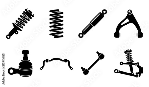Obraz na płótnie Car Suspension and Chassis Parts Black Silhouette Icon Set with Strut Spring Sho