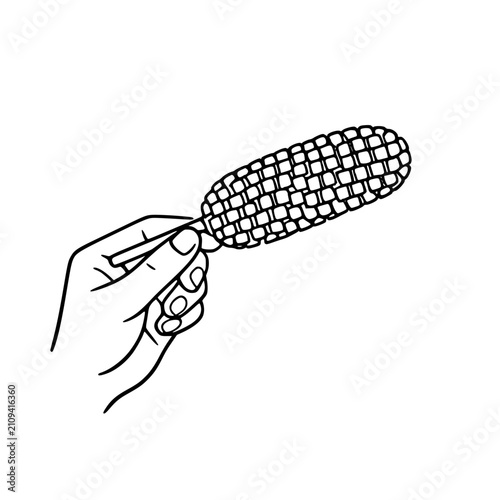 Outline vector illustration of a hand holding a Korean potato corn dog, minimal black contour, clean geometric design, isolated on transparent background, modern food icon style.