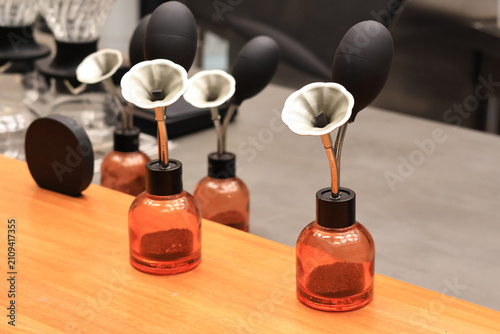 Принти на полотні Coffee Aroma Display Tasting Set with Red Atomizer Bottles