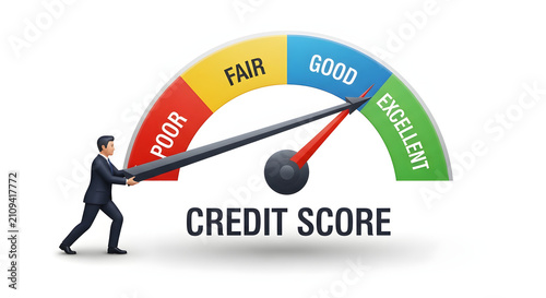 A businessman pushes a gauge indicating a credit score moving towards excellent, symbolizing financial health and improvement.