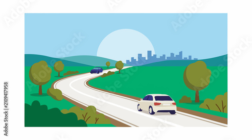 Scenic drive: Cars on winding road through green hills towards city