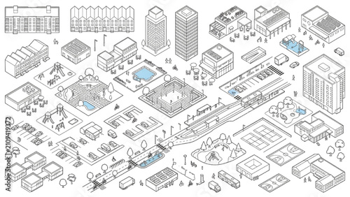Architectural Urban Planning CAD Isometric City Elements Collection Vector Asset Set