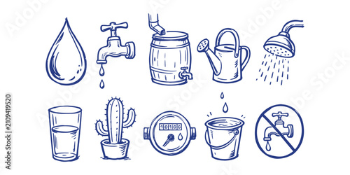 water conservation ecology element collection hand drawn doodle icon set vector illustration