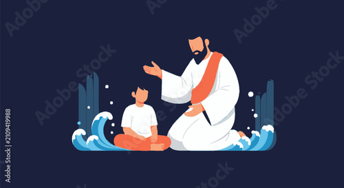 фотографія Spiritual teacher talking with a child by the sea