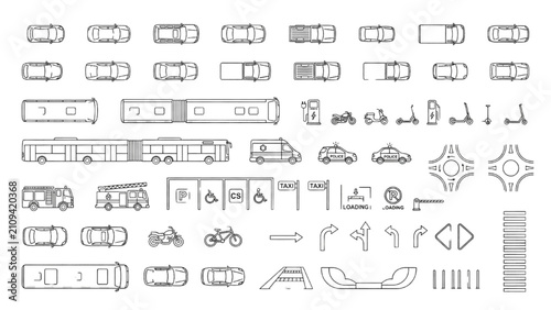 Architectural Transportation CAD Symbols Set with Road Markings and Vehicle Vector