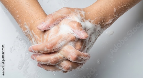 Close-up of hands washing with soap and water, creating foam lather.