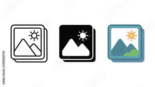 Image gallery icon set featuring mountain landscape, mountain