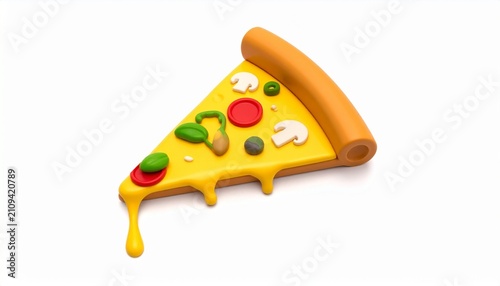 Playful cartoon pizza slice with melted cheese, pepperoni, mushrooms, and green peppers toppings.
