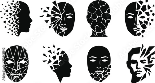 Foto Set of human face silhouettes with shattered and fragmented geometric effects in
