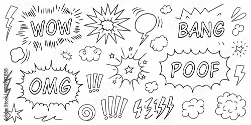 Foto Comic book style speech bubbles and sound effects black and white vector illustr