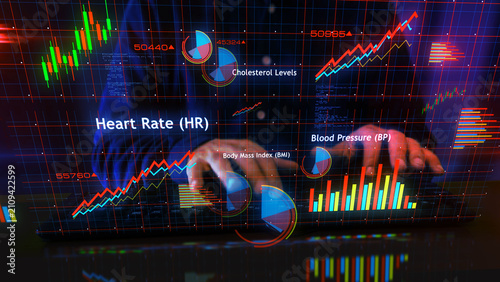 Health heart and body charts graphs display with man typing keyboard