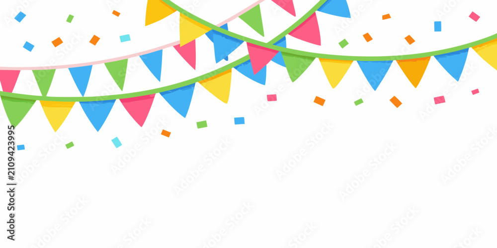 Fototapeta premium Colorful triangular pennant banner vector illustration with confetti