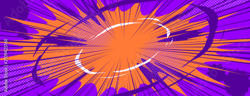 Konstfotografi Comic book background with radial lines and dynamic burst effect, abstract vector cartoon banner with halftone texture