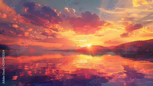 Sunset over a calm lake. Vibrant orange and purple sky reflecting on water.