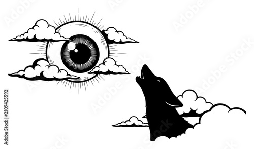 Cuadro en lienzo Wolf howling at giant eye in the sky with clouds surreal mystical landscape vect