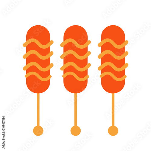 Flat vector illustration of three Korean corn dogs with wavy mustard lines, bright orange color palette, minimal geometric design, isolated on transparent background, modern food icon style.