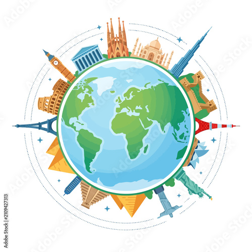 World Travel Icons Around Globe: Famous Landmarks, Tourism & Global Destinations