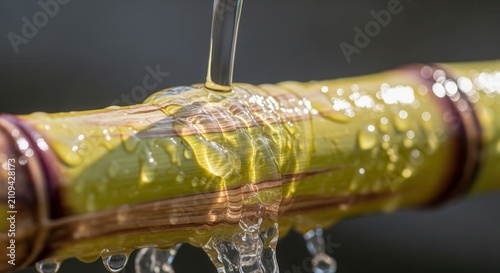 Close-up of Sugarcane stalk with water droplets, natural agriculture, sweet harvest