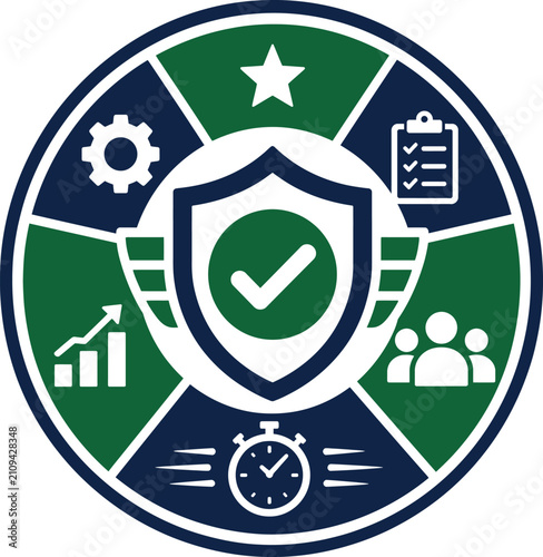 Business quality assurance and management circular icon with shield checkmark and various professional service symbols
