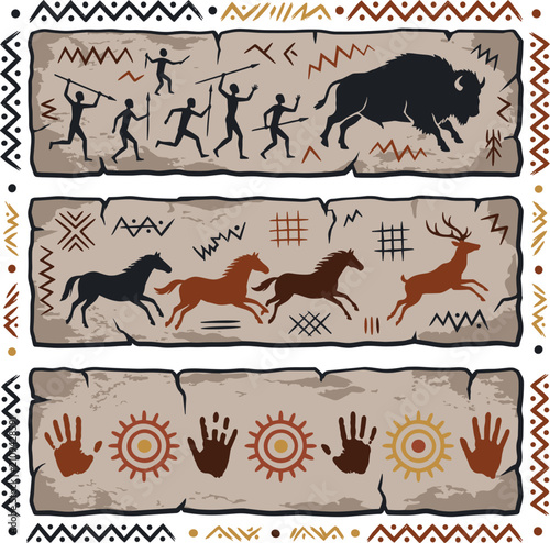 Photography Prehistoric Cave Painting Vector Set Featuring Ancient Tribal Hunters Wild Anima