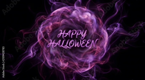Happy halloween new colorful concept featuring a glowing purple smoke vortex on a dark black background