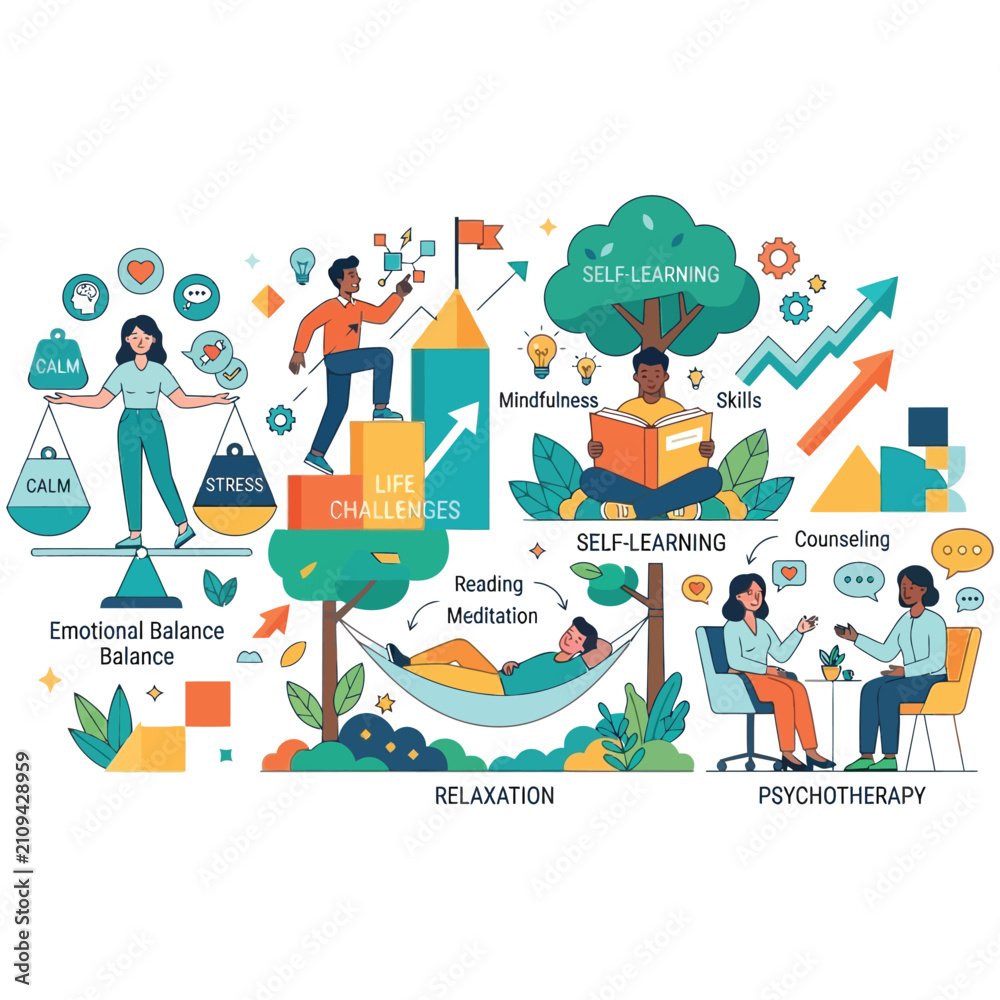 Obraz premium Mental health and personal development infographic illustration with wellness