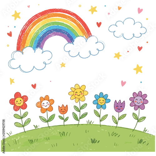 Cute hand drawn illustration of smiling flowers on hill under rainbow and clouds
