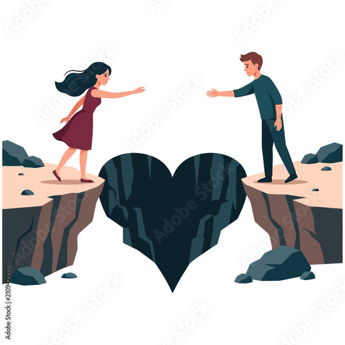 Foto Illustration of man and woman reaching across a deep heart shaped abyss