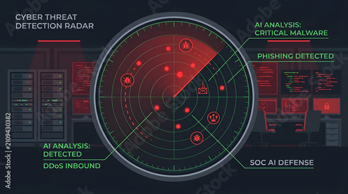 Cyber threat detection radar interface displaying critical malware phishing and ddos inbound alerts.