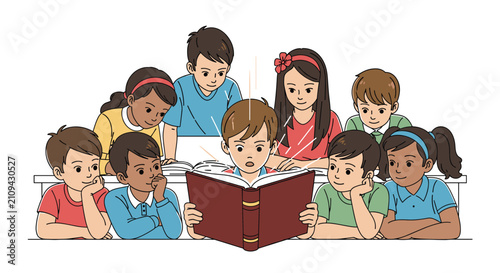 Group of diverse children gathered around a table and looking in wonder at a glowing storybook being read.